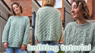 OVERSIZED KNITTED SWEATER TUTORIAL | how to knit a basket weave sweater on straight needles!