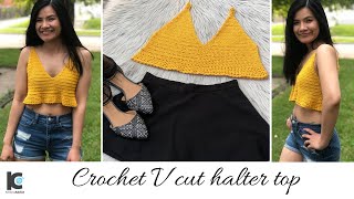 Crochet V cut halter top ( Free written pattern for size XS-XXL )