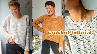 CROCHET SWEATER TUTORIAL | oversized slouchy sweater with scallop neckline | crochet for beginners