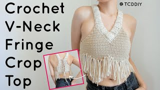 Crochet V Neck Fringe Crop Top | Tutorial DIY