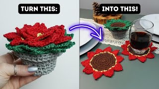 Crochet Poinsettia Flower Pot that Turns into Coasters! | Brunaticality Crochet