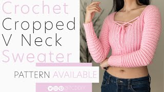 EASY Crochet Long Sleeve Cropped V Neck Sweater | Pattern & Tutorial DIY
