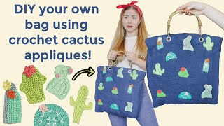Shopping bag with crochet cactus appliques - DIY TUTORIAL