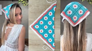 Square floral crochet bandana scarf