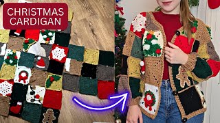 Crochet Christmas Cardigan Tutorial Using Crochet Squares and Appliques🎄❄️🎁