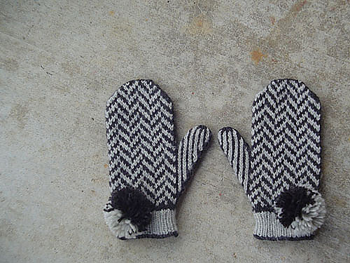 Herringbone Mittens with Poms