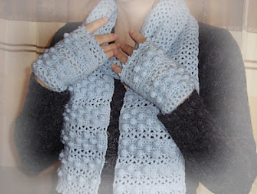 V-Stitch and Bobble Scarf and Gloves
