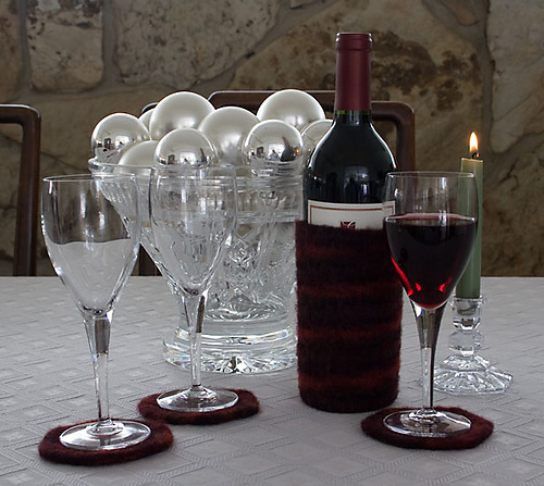 Felted Wine Bottle Sleeve and Two Styles of Coasters