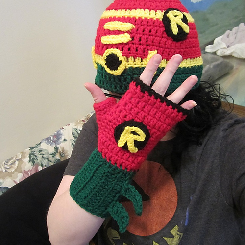 Superhero (Robin) Hat and Fingerless Glove Set