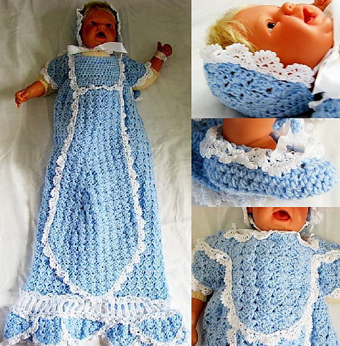 Blue Christening Set: Gown, Bonnet, Shoes & Bib