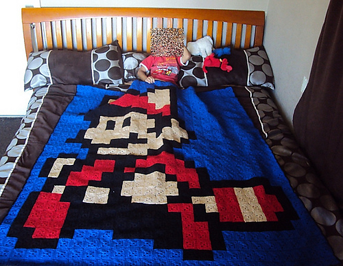 Granny Square Raccoon Mario Bedspread