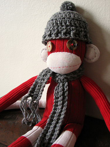 Sock Monkey Pom Pom Hat and Scarf