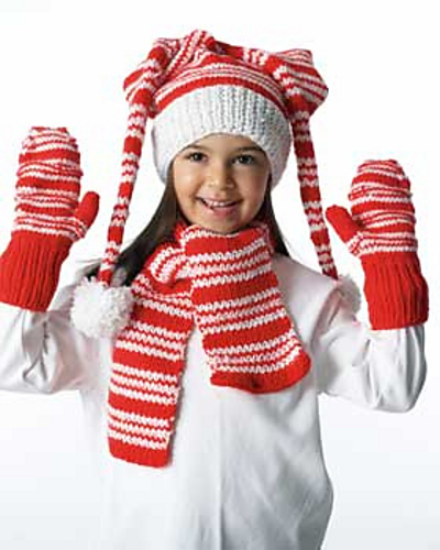 Striped Hat, Mittens and Scarf