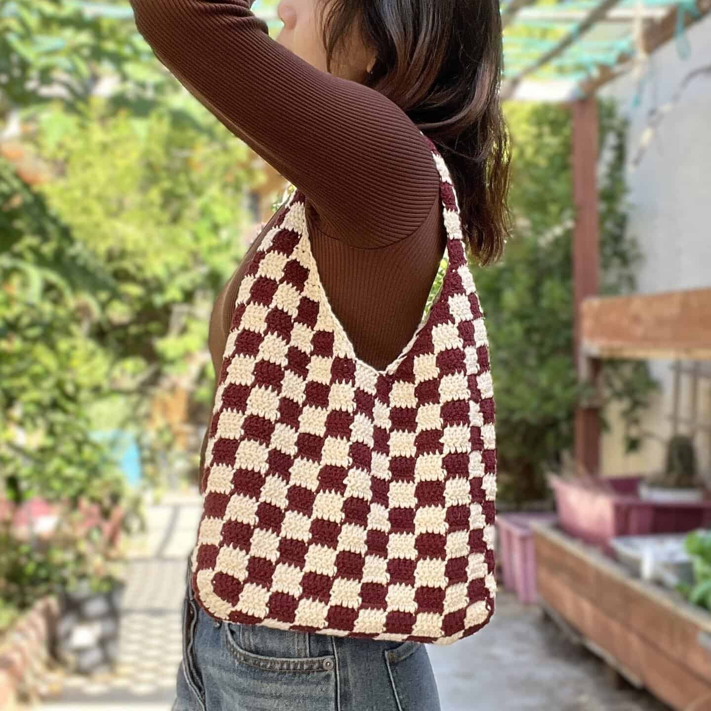 Crochet Checkered Tote Bag