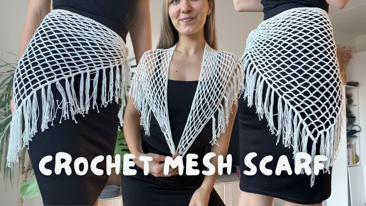 Crochet Triangle Mesh Scarf with Fringe | beginner friendly tutorial