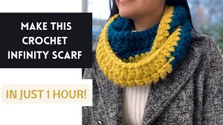 Learn how to crochet a Quick and Easy crochet infinity scarf - 1 Hour Crochet Project