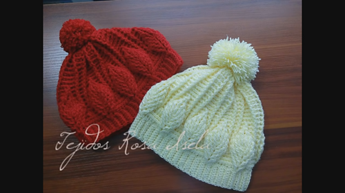 Gorro con hojas en relieve crochet