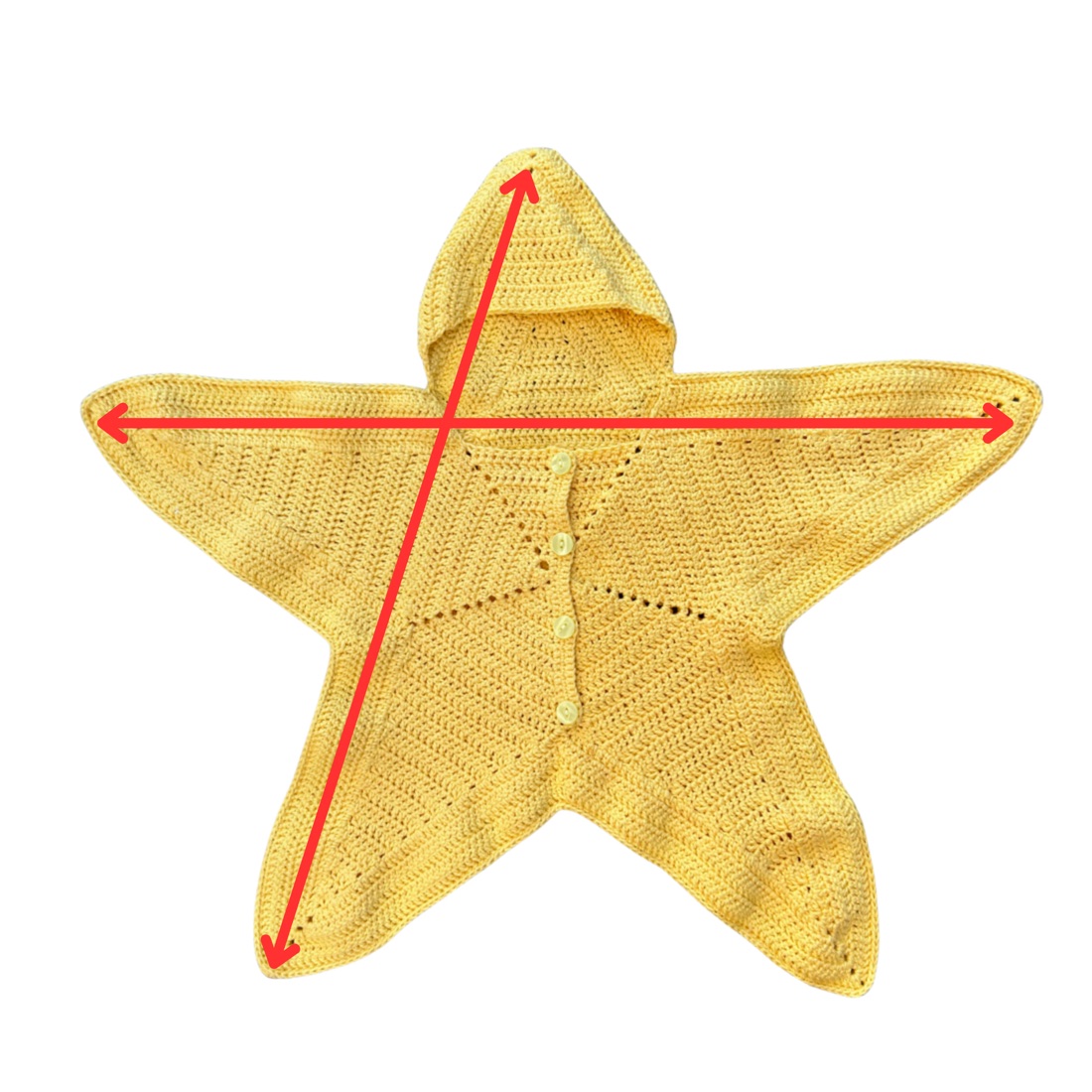 The finished starsuit laid flat, with arrows from the top of the hood to a leg point and from arm point to arm point